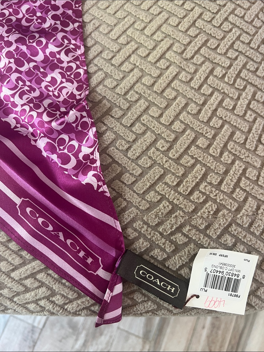 NWT COACH Pink Logo-Print Silk Scarf with Striped Border. 100% silk - Picture 5 of 7
